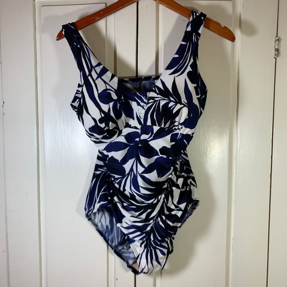 Lands End Womens 14 Navy White‎ Tropical Leaf Ruched One Piece Swimsuit 437758